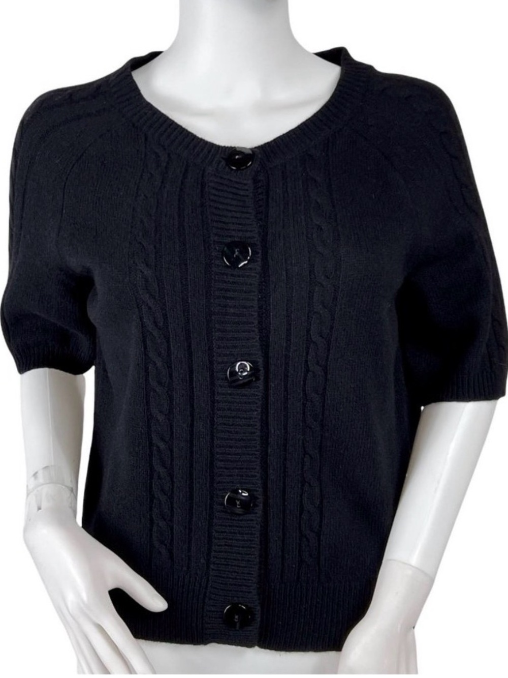 LOFT Wool Cashmere Angora Short Sleeve Button Cardigan Sweater Cable Knit Black